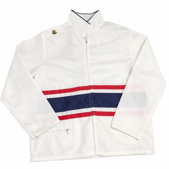 Vintage 70s White Nylon Windbreaker Red Blue Racing Stripes Embroidered Bee Sz M - Picture 2 of 15